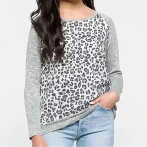Kut From The Kloth Mixed Material Long Sleeve Grey Leopard Print Top Small